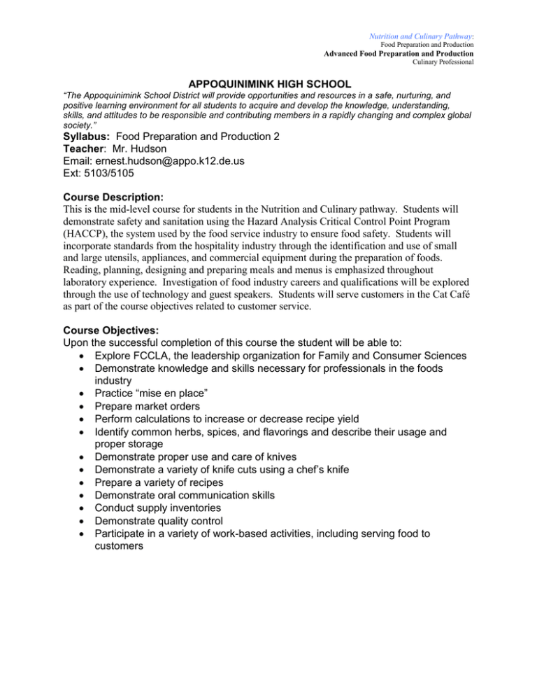 Food Prep & Production 2 Syllabus - Appoquinimink High School