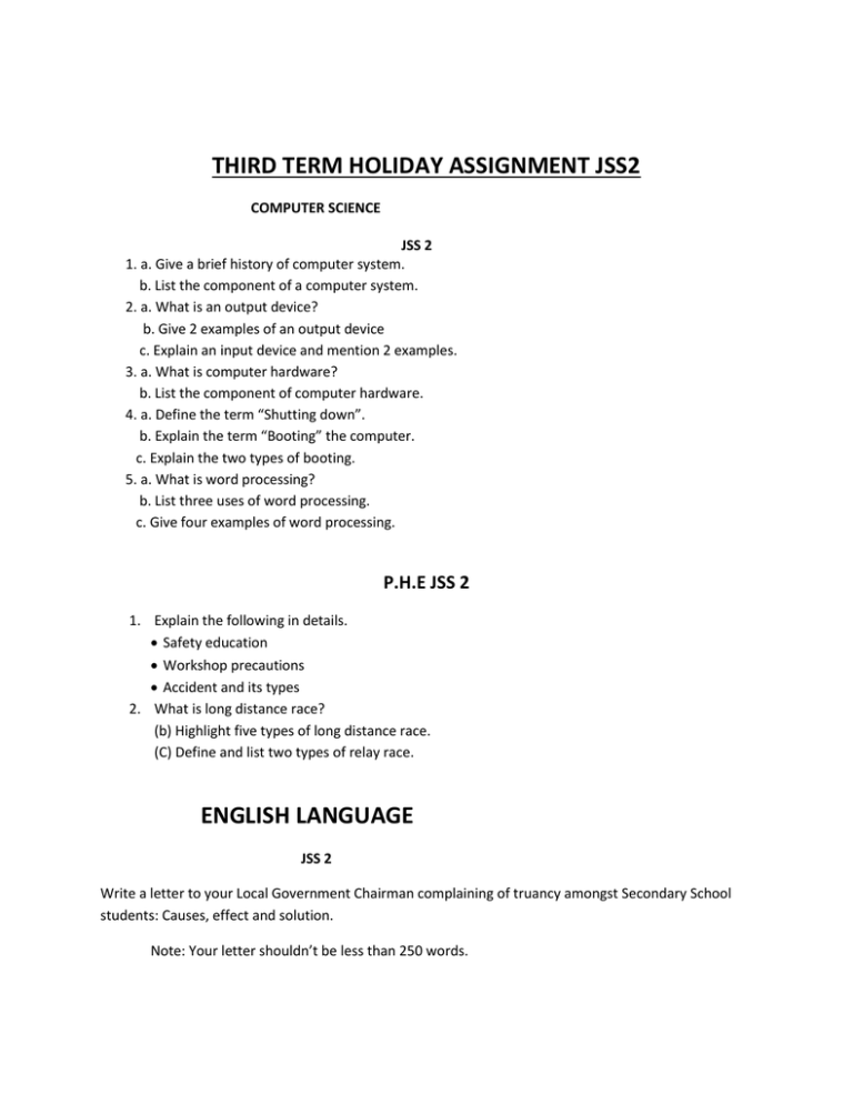 Third Term Holiday Assignment Jss2