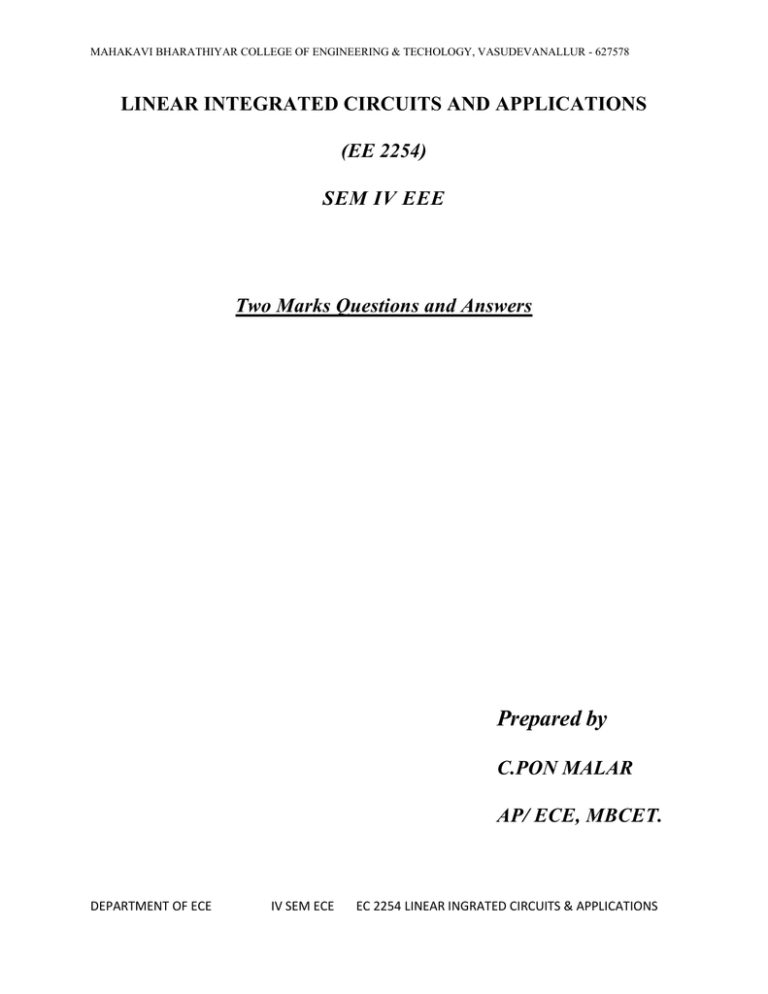 EE2254Linear Integrated Circuits And Applications
