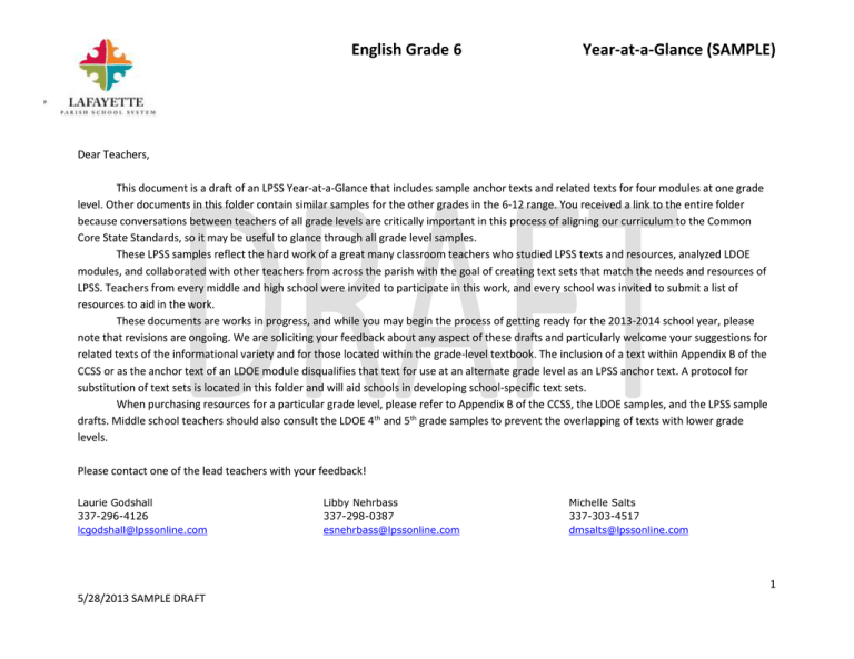 6th Grade English Year-at-a-Glance Sample