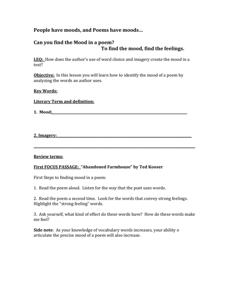 Mood worksheet 1