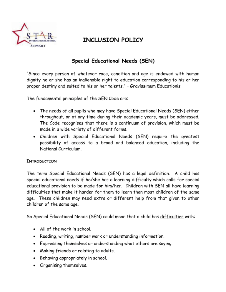 Special Education Needs Policy Star International School