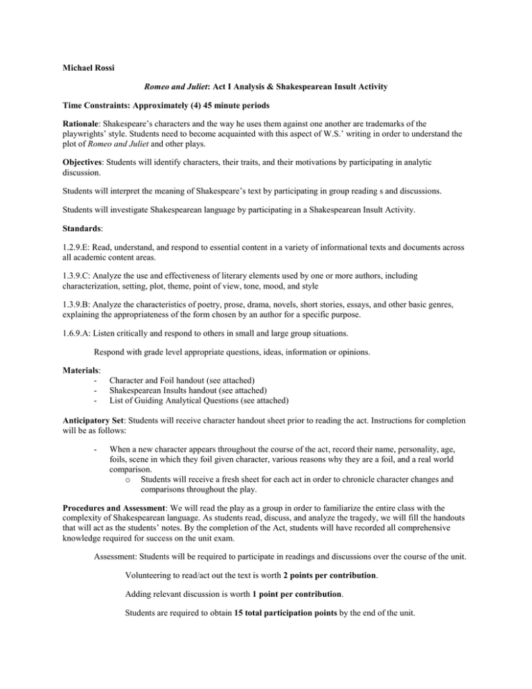 Romeo and Juliet Act I Guiding Discussion Questions