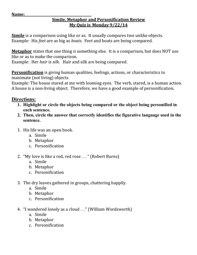 simile metaphor and personification worksheet