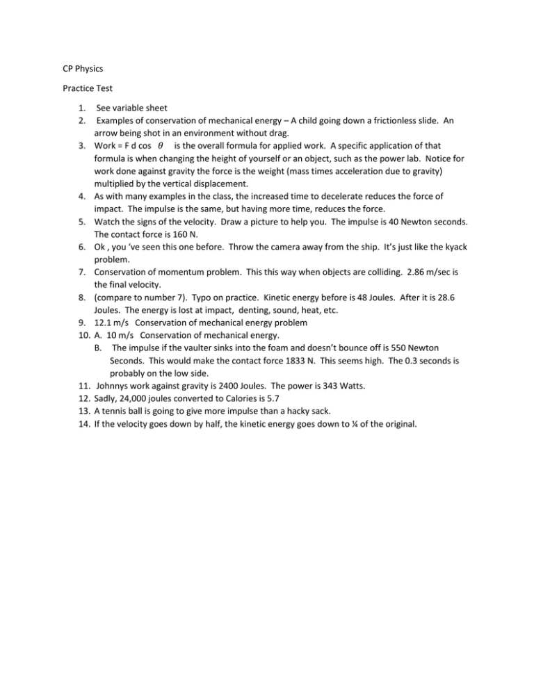 CP Physics Practice Test See variable sheet Examples of