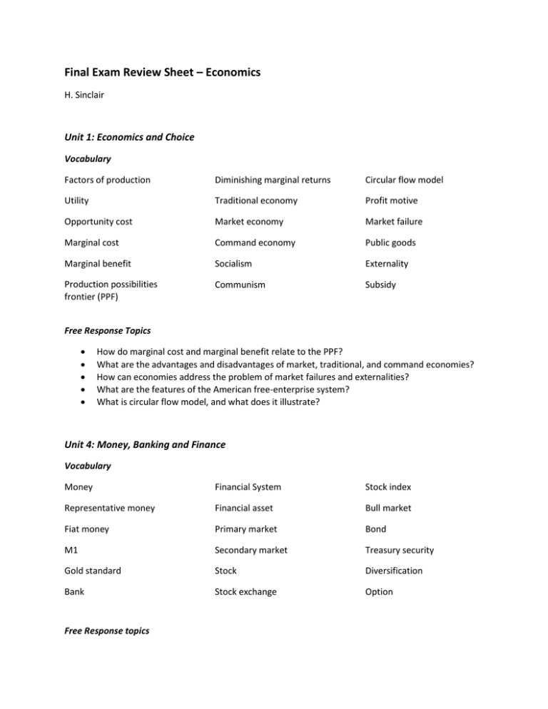 Final Exam Review Sheet Economics
