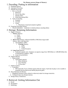 The Memory process (Stages of Memory) Encoding: Putting in