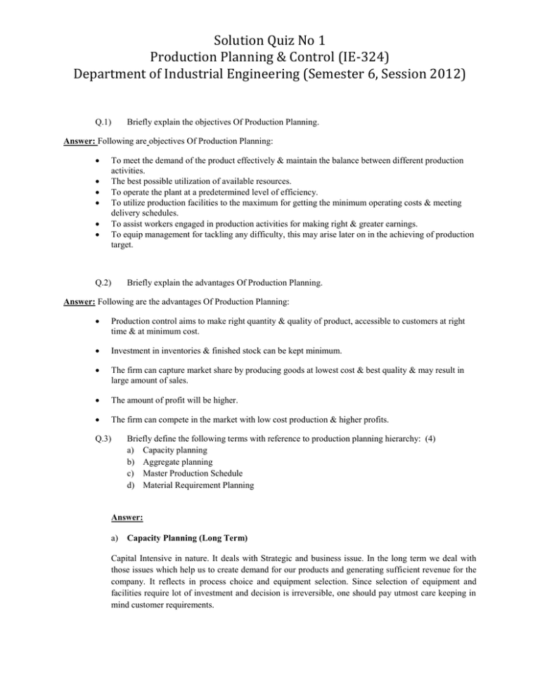 Solution Quiz No 1 Production Planning & Control (IE
