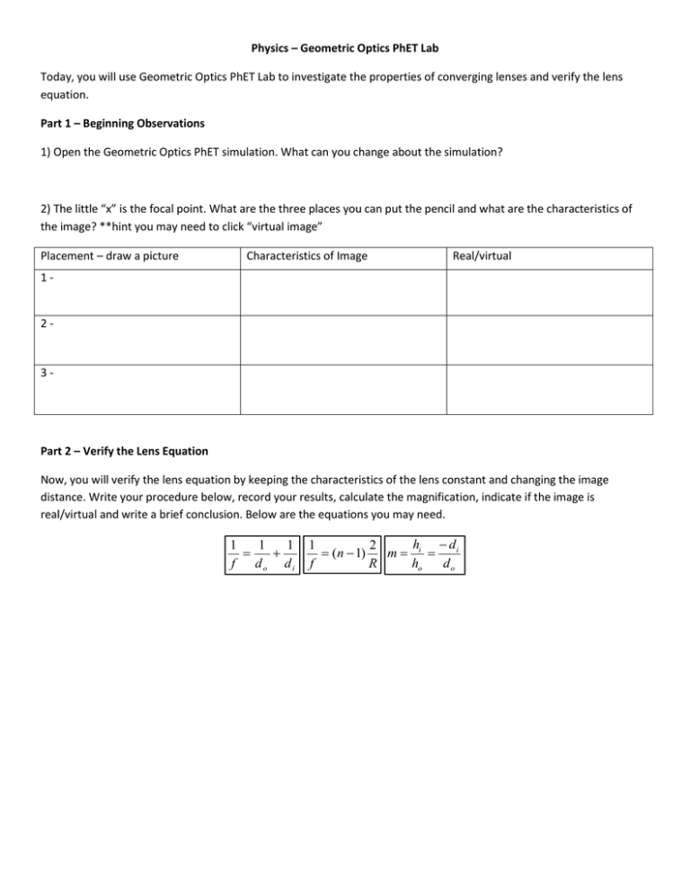 Geometric Optics Worksheet for Simulation