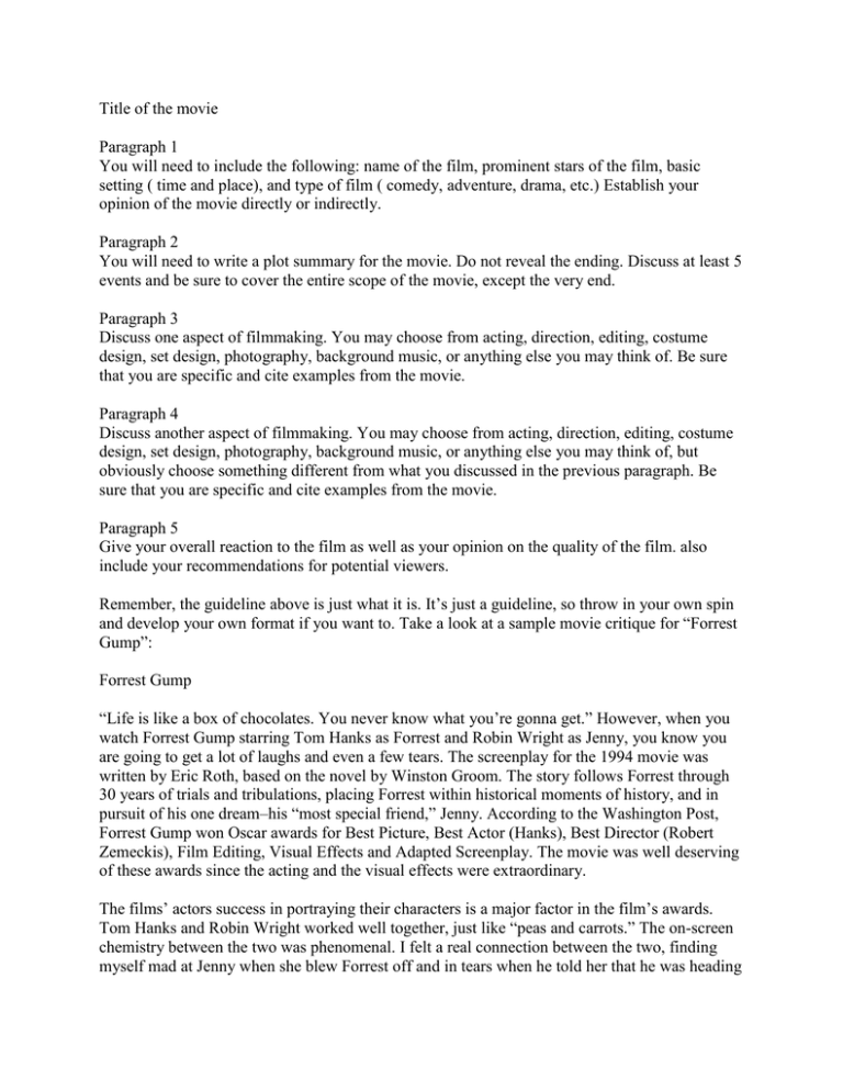 Title of the movie Paragraph 1 You will need to include the following