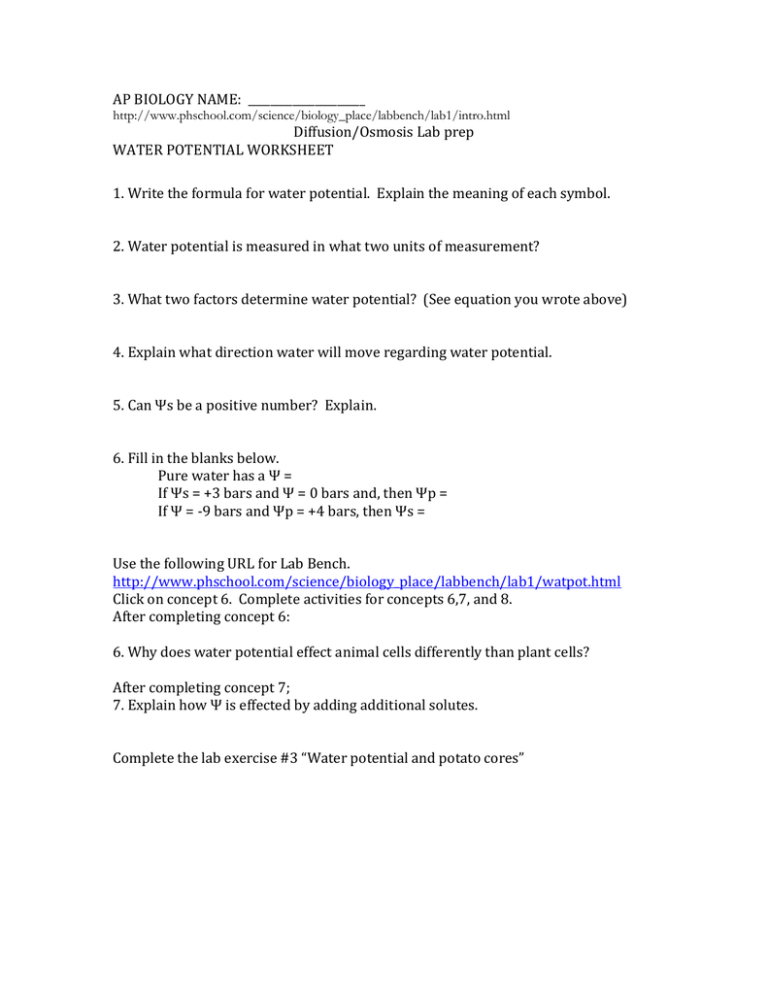 Water Potential Worksheet Diffusion & Osmosis Lab Prep
