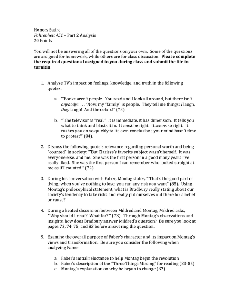 Fahrenheit 451 Part 3 Quotes And Page Numbers Honors Satire Fahrenheit 451 – Part 2 Analysis 20 Points You Will