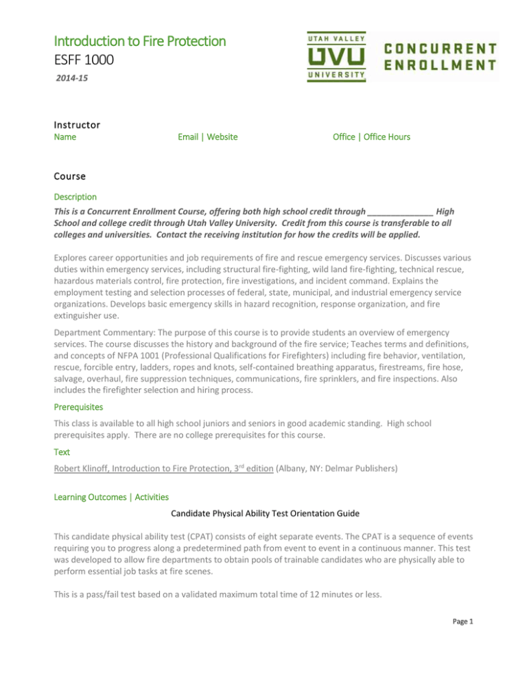Fire Protection Course Syllabus - ESFF 1000, UVU