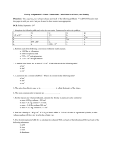 Weekly Assignment #3: Metric Conversions, Units Raised to a