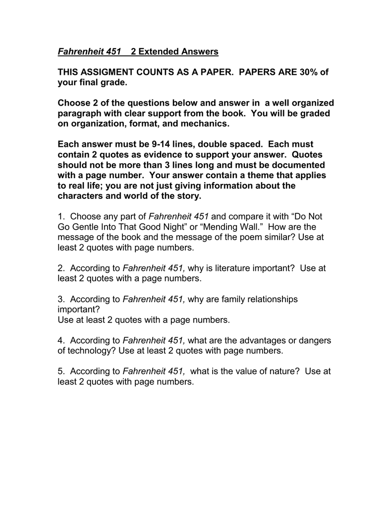 Important Quotes From Fahrenheit 451 With Page Numbers Fahrenheit 451 2 Extended Answers