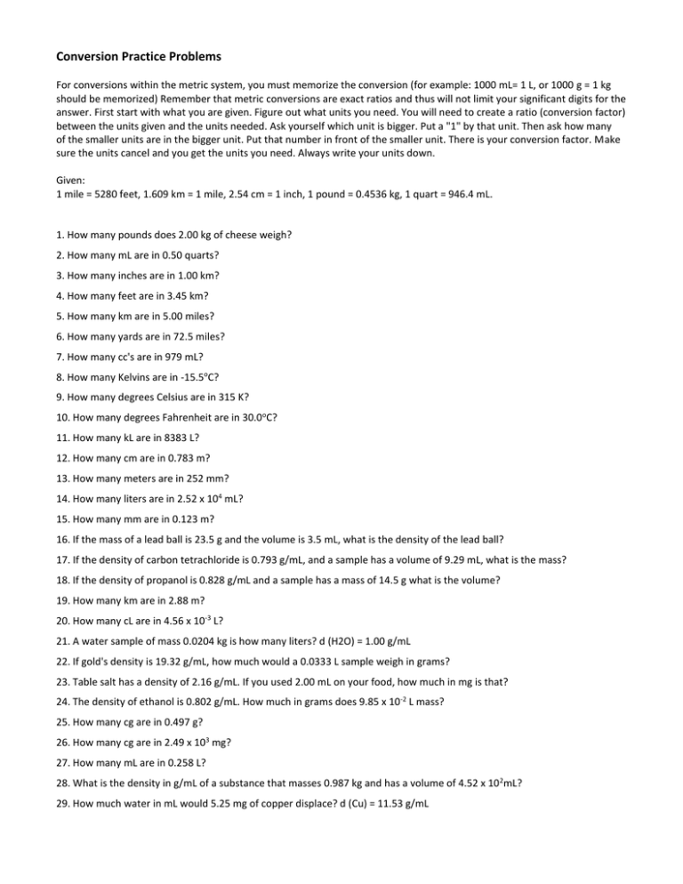 Conversion Practice Problems: Chemistry & Physics