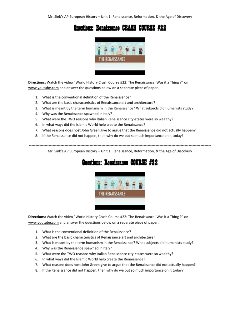 Questions Renaissance Crash Course