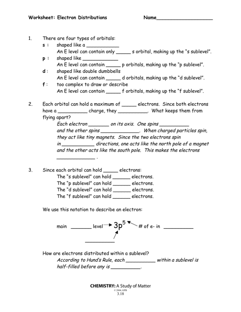 Electron Distributions Worksheet Orbitals & Quantum Numbers