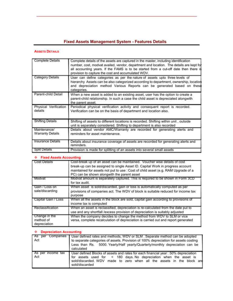 Fixed Assets Management System Features Details