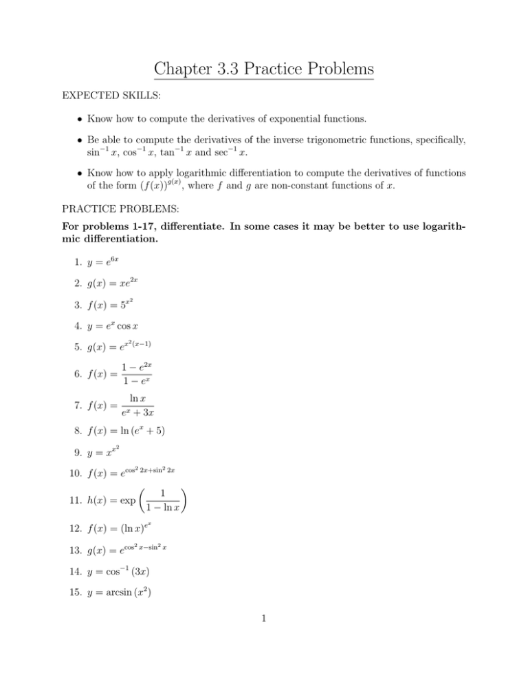 Calculus Practice Problems: Derivatives & Logarithmic Differentiation