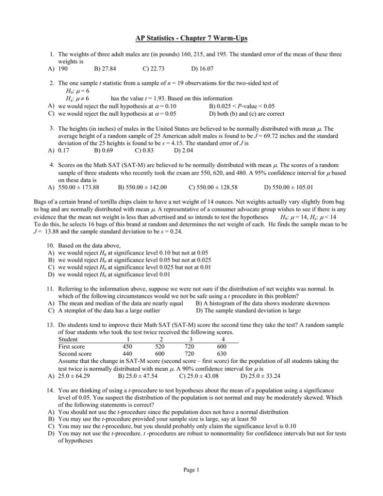 Ap Statistics Chapter 7 Warm Ups