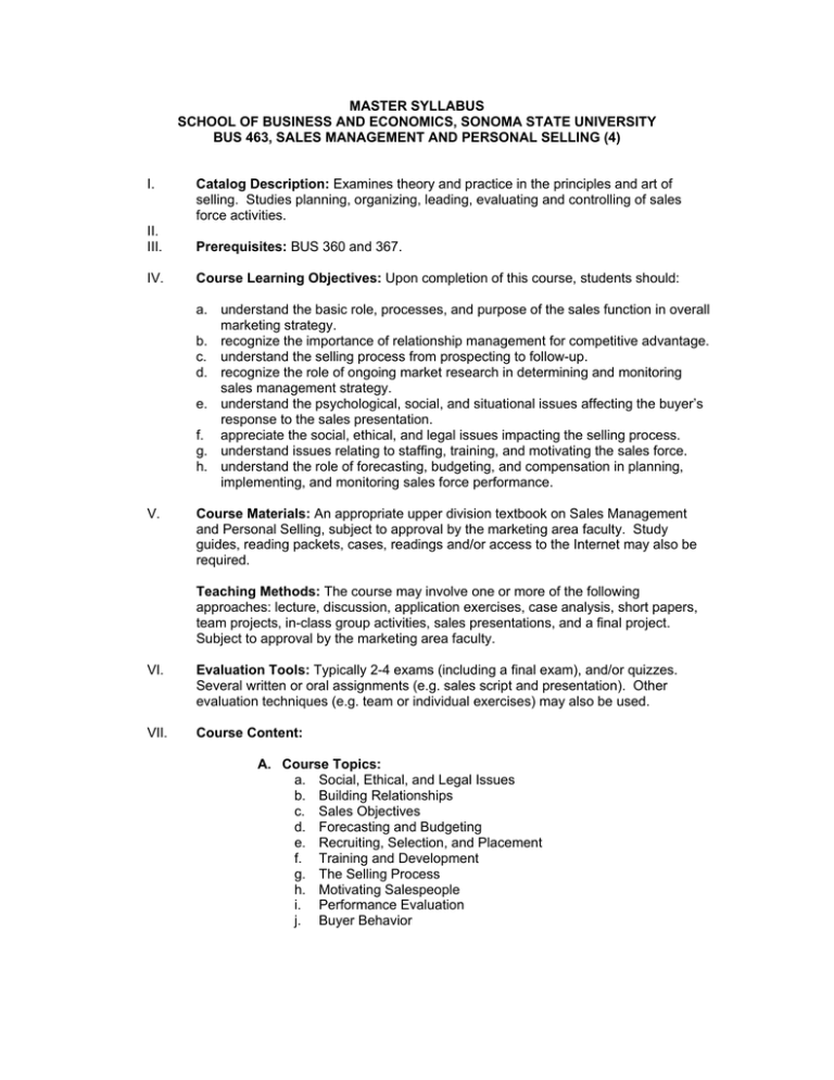 Sales Management Syllabus Sonoma State University