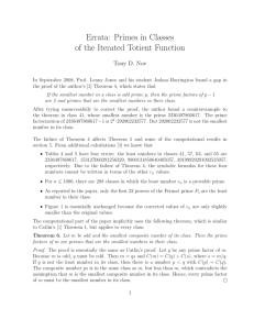 Errata: Primes in Classes of the Iterated Totient Function Tony D. Noe