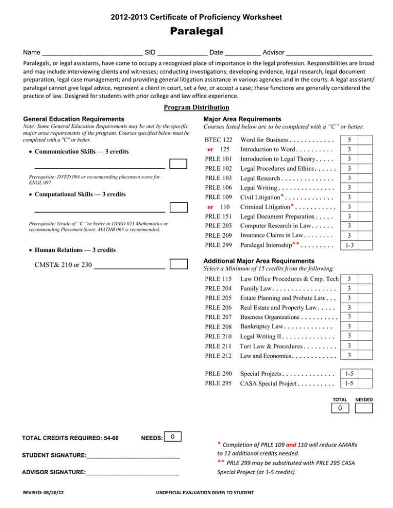 Paralegal 2012-2013 Certificate of Proficiency Worksheet