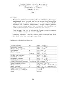 Qualifying Exam for Ph.D. Candidacy Department of Physics February 7, 2015 Part I