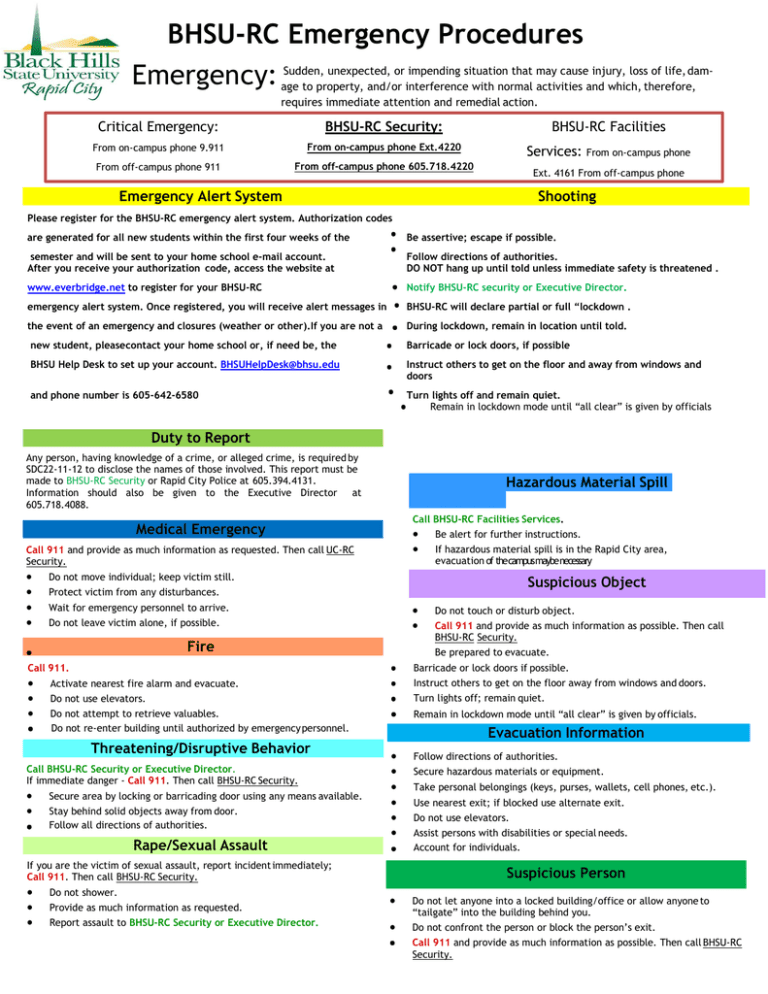 BHSU-RC Emergency Procedures