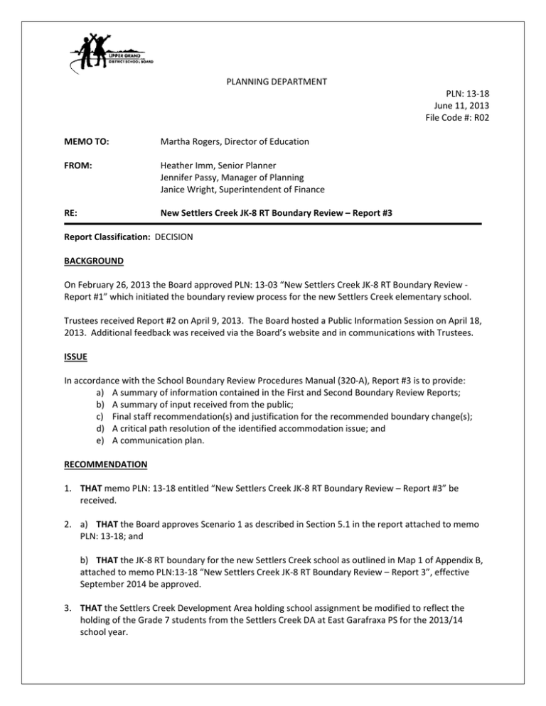 MEMO TO PLANNING DEPARTMENT PLN 13‐18