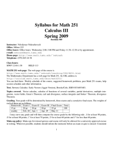 Syllabus for Math 251 Calculus III Spring 2009