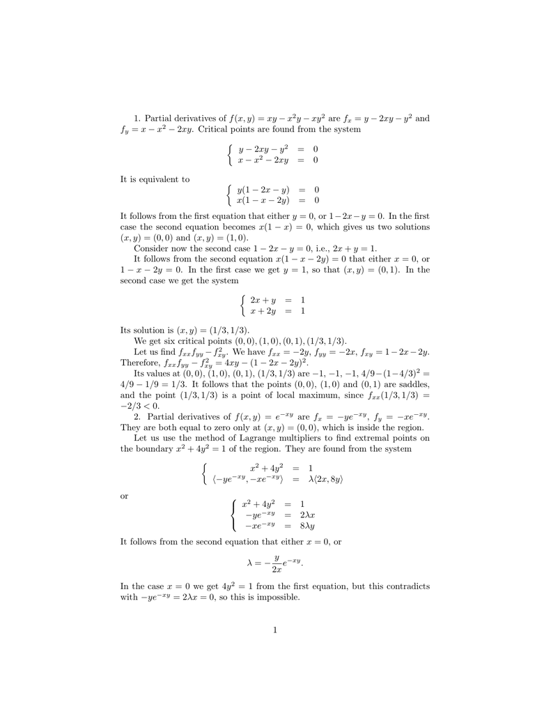 1 Partial Derivatives Of F X Y Xy Y Xy Are F Y 2xy Y