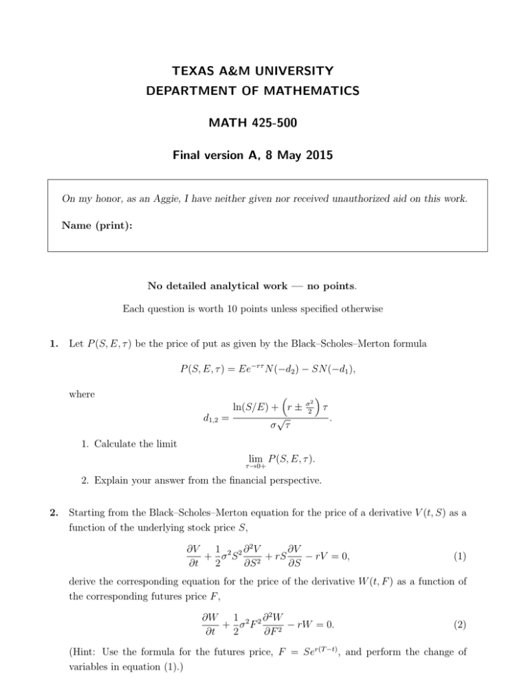 Wtamu Math TEXAS A&M UNIVERSITY DEPARTMENT OF MATHEMATICS MATH 425-500