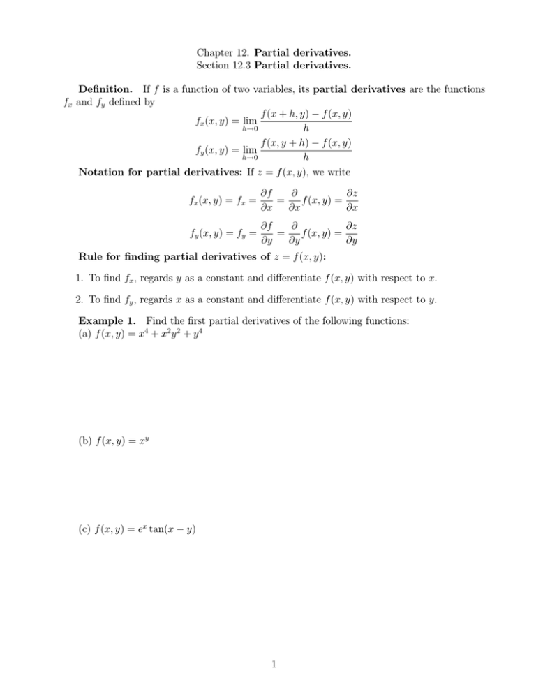 Chapter 12 Partial Derivatives Section 12 3 Partial Derivatives Definition