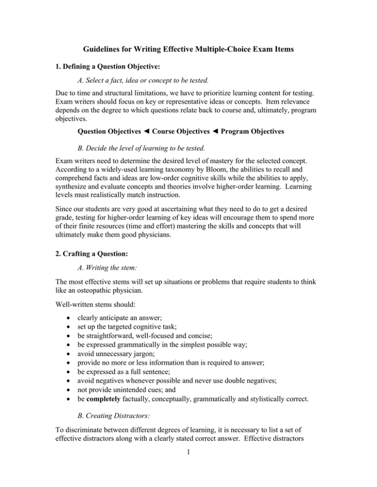 Multiple Choice Write Example Studies Example Guidelines for Writing Effective Multiple-Choice Exam Items