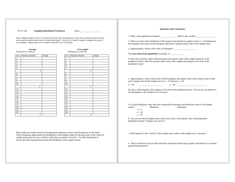 Sampling Distribution Worksheet