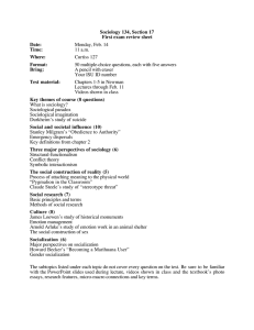 Sociology 134, Section 17 First exam review sheet Date: Time: