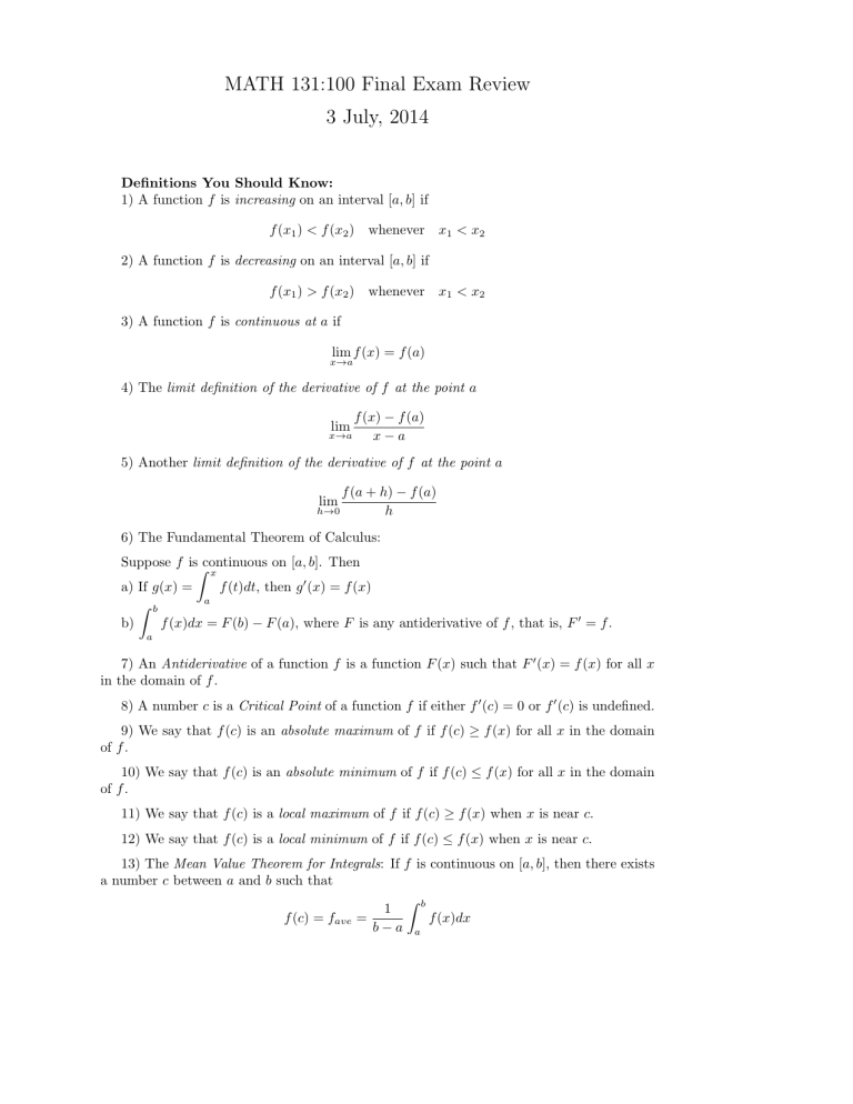 MATH 131:100 Final Exam Review 3 July, 2014