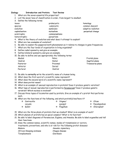 Zoology Introduction and Protista  Test Review