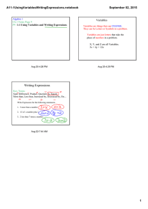 A11­1UsingVariablesWritingExpressions.notebook September 02, 2015 Variables Algebra 1