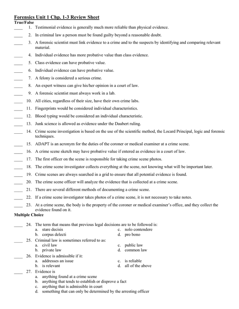 Forensics Unit 1 Chp. 1-3 Review Sheet