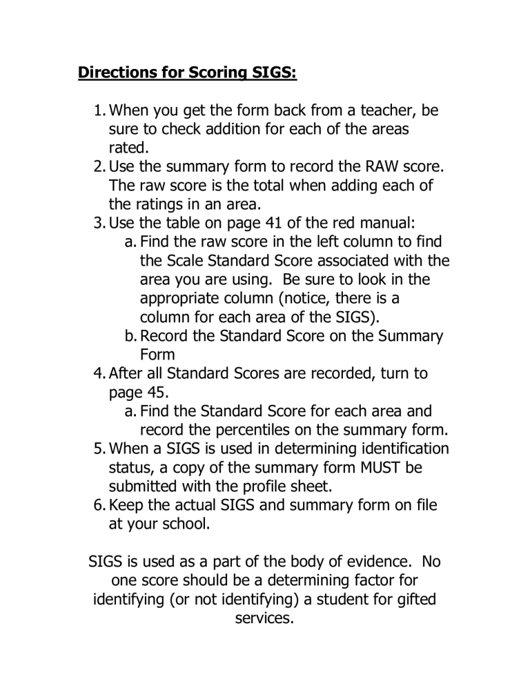 SIGS Scoring Directions: A Step-by-Step Guide