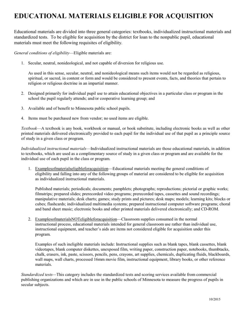 EDUCATIONAL MATERIALS ELIGIBLE FOR ACQUISITION