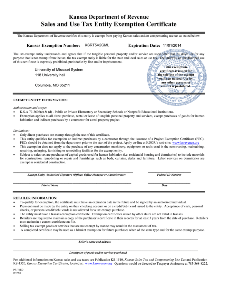 kansas sales and use tax exemption form Ahmed Girard