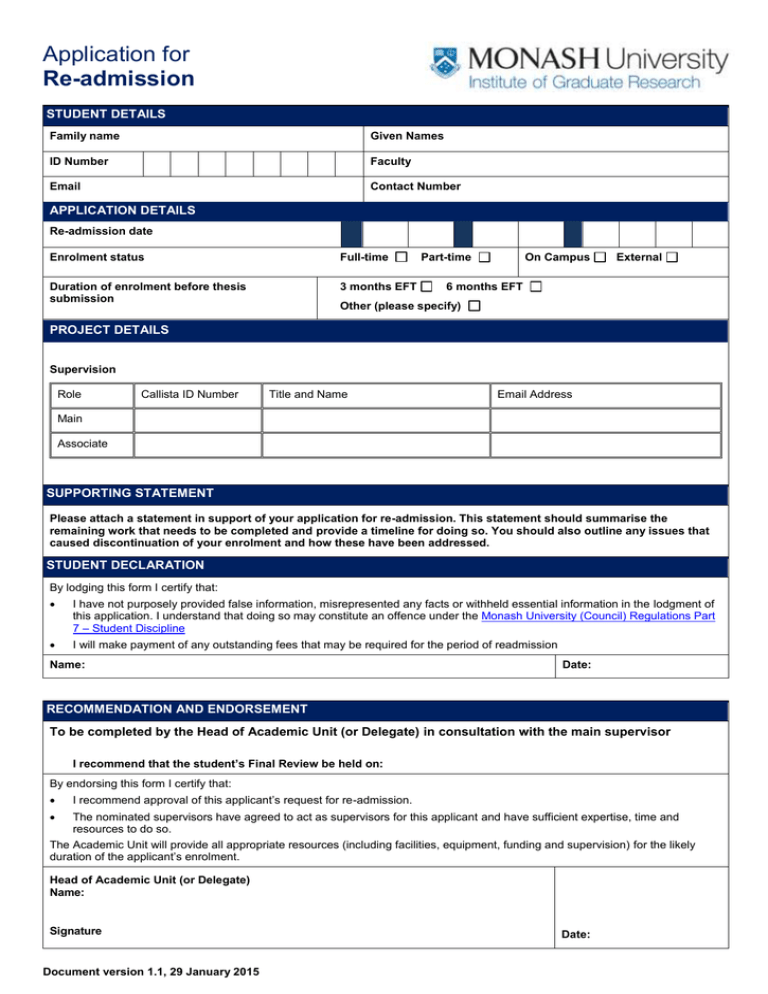 Application for Re-admission STUDENT DETAILS