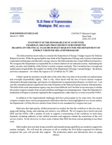 FOR IMMEDIATE RELEASE STATEMENT OF THE HONORABLE DUNCAN HUNTER, CONTACT: Maureen Cragin