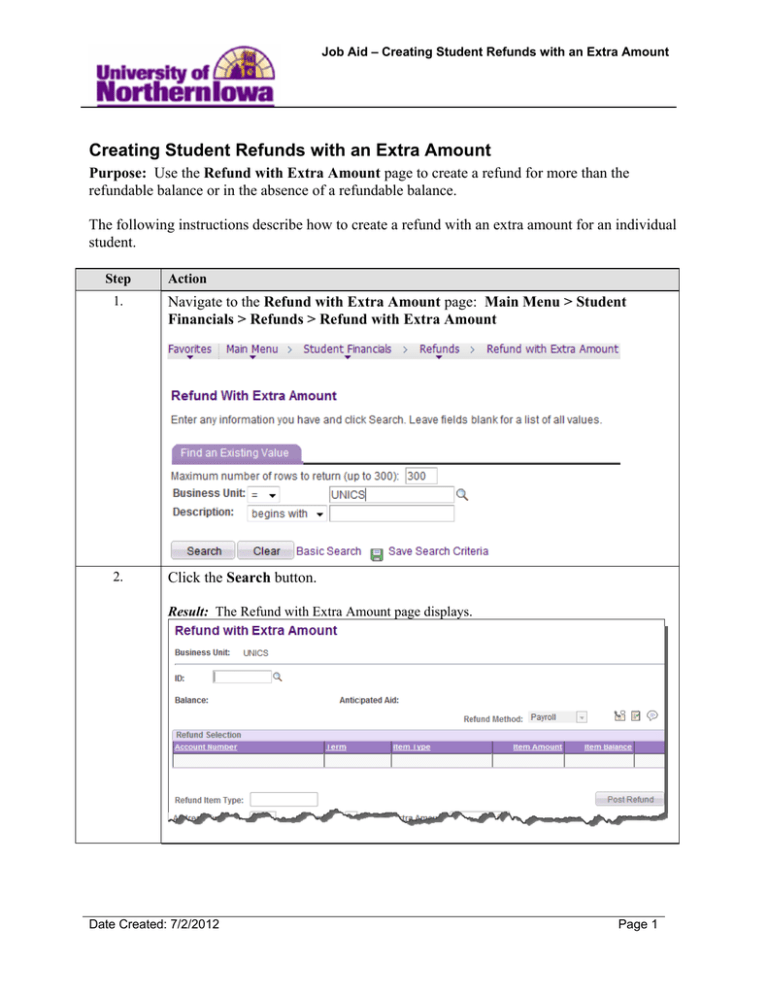 Creating Student Refunds with an Extra Amount