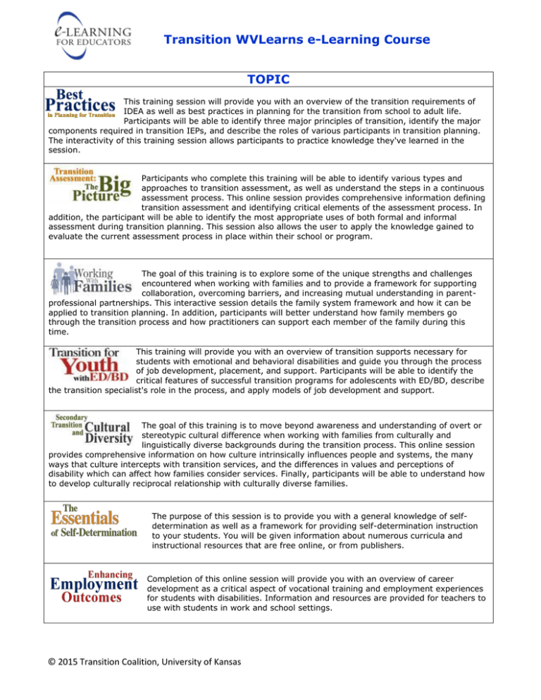 Transition WVLearns eLearning Course TOPIC