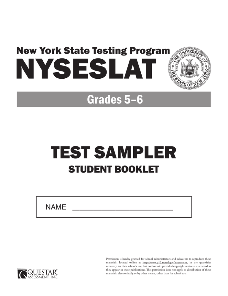 NYSESLAT TEST SAMPLER Grades 56 York